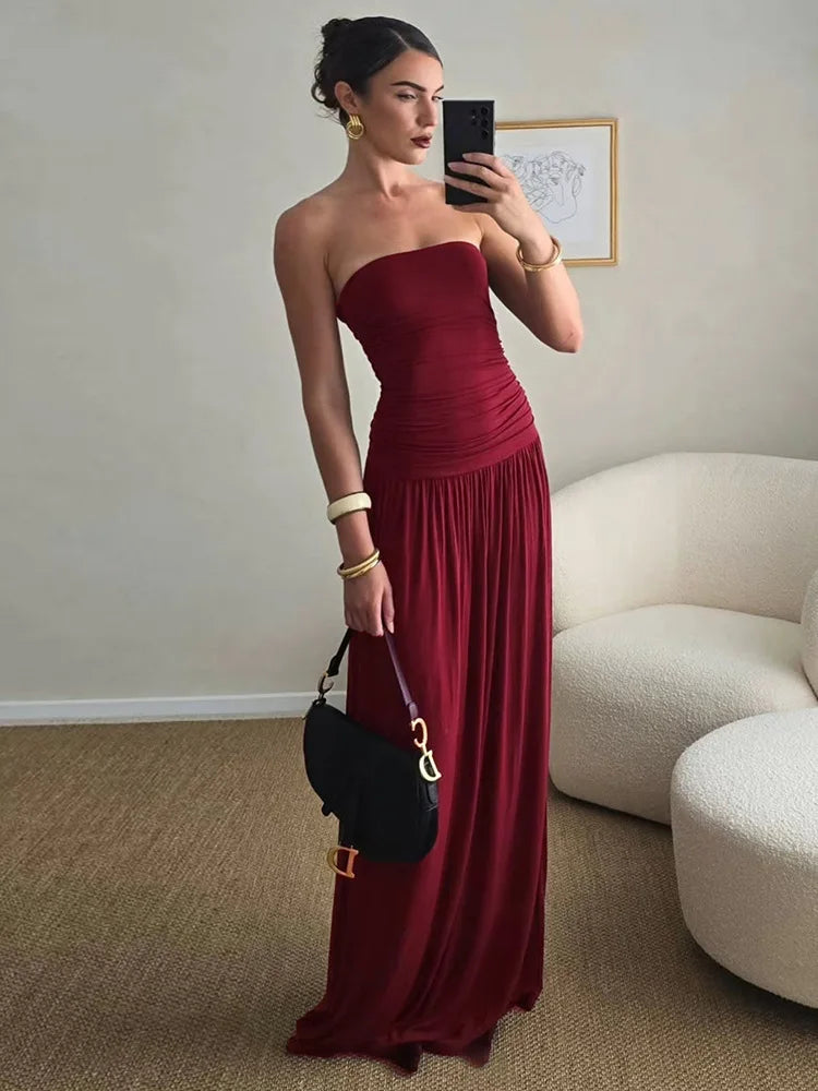 Off-shoulder Strapless Pleated Maxi Dress Backless