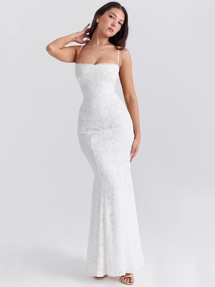 White Backless Lace-up Maxi Dress For