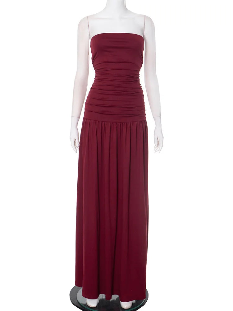 Off-shoulder Strapless Pleated Maxi Dress Backless