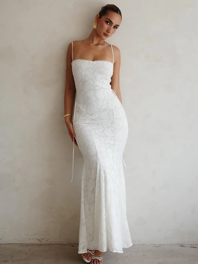 White Backless Lace-up Maxi Dress For