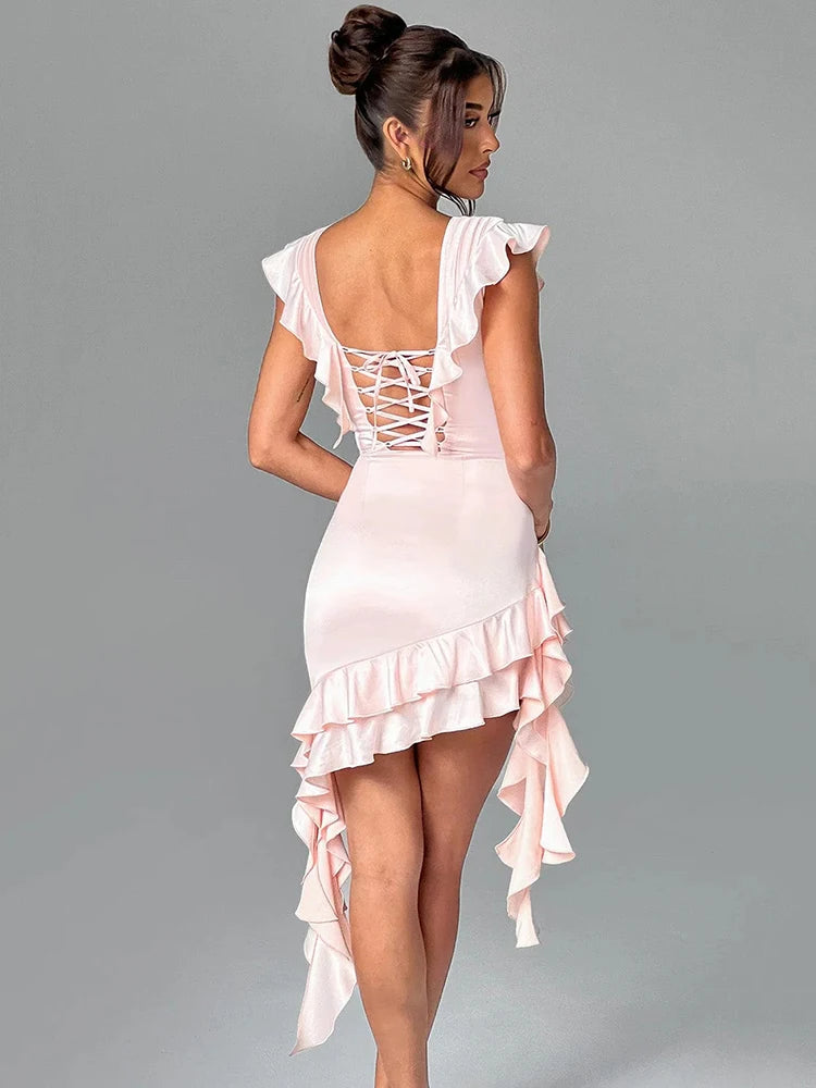 Deep V Neck Backless Draped Ruffle