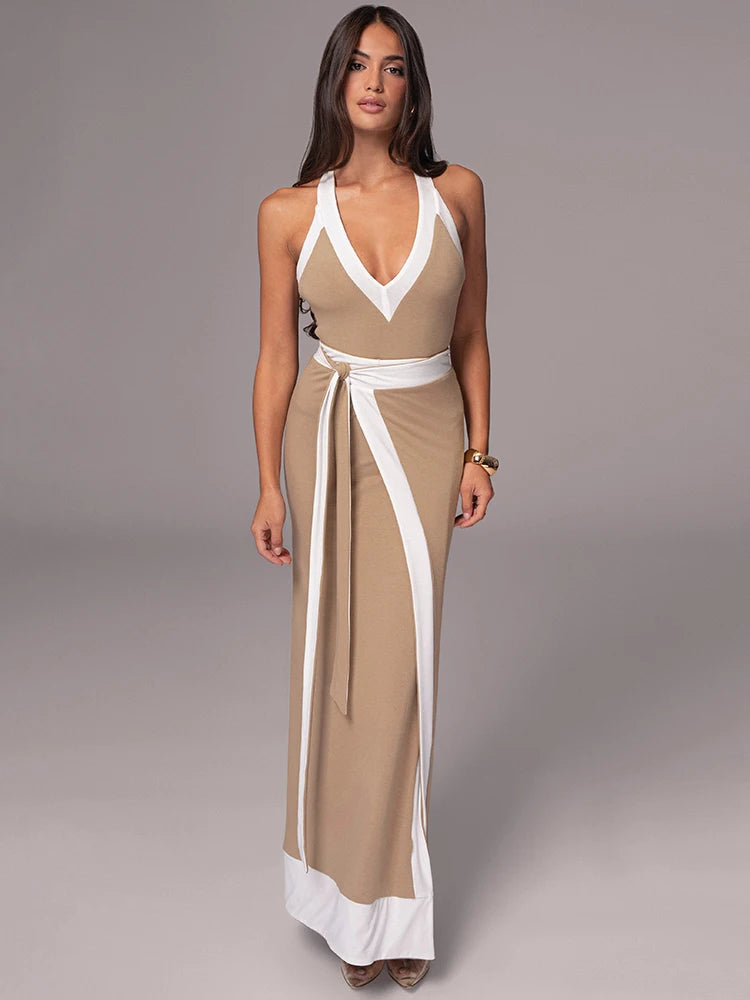Patchwork Backless Maxi Dress Spaghetti Strap