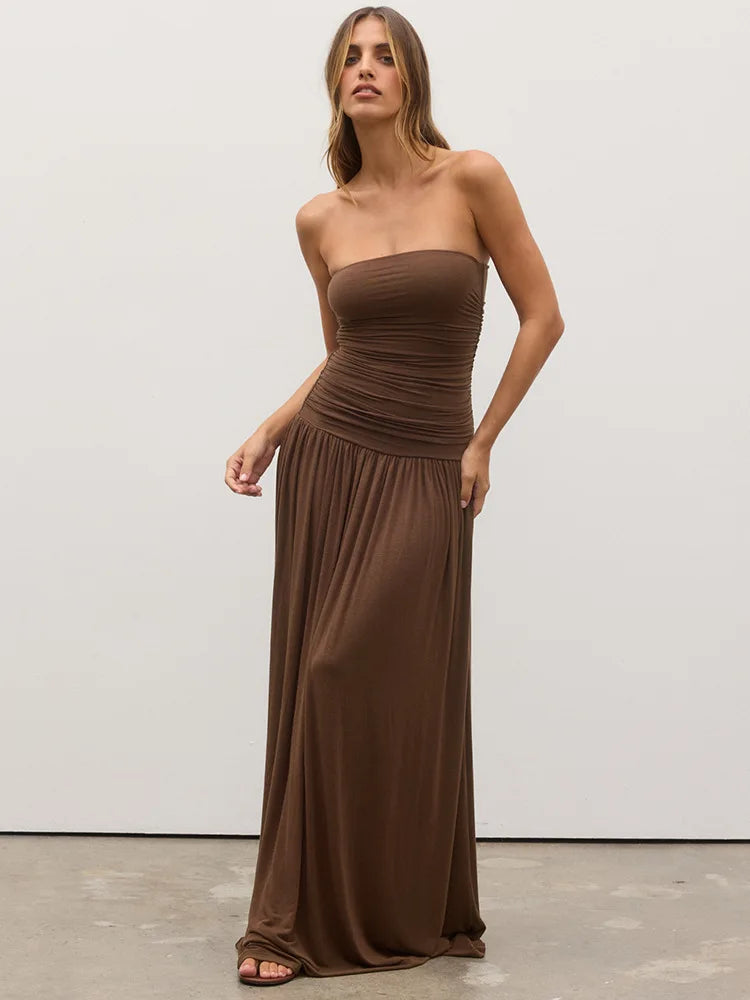 Off-shoulder Strapless Pleated Maxi Dress Backless