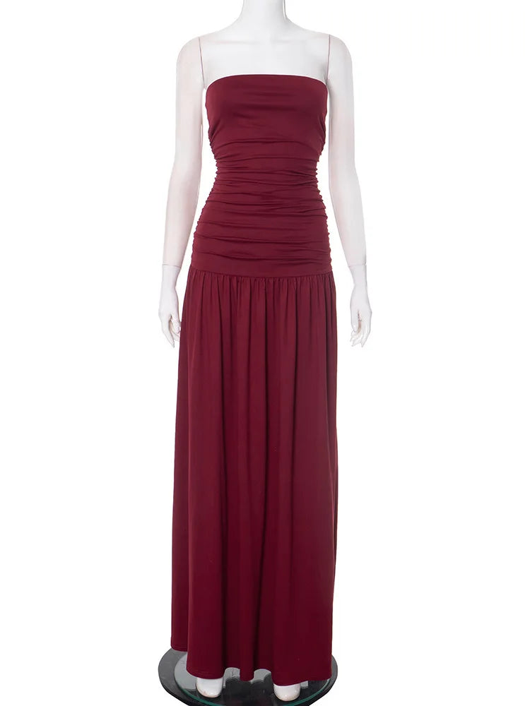 Off-shoulder Strapless Pleated Maxi Dress Backless