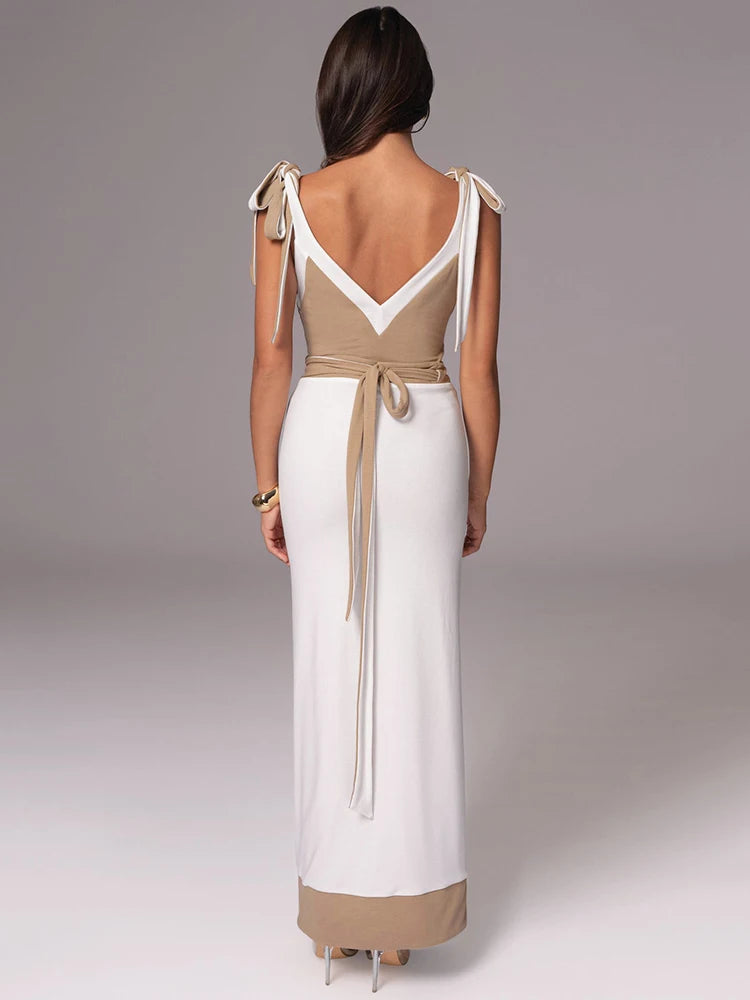 Patchwork Backless Maxi Dress Spaghetti Strap
