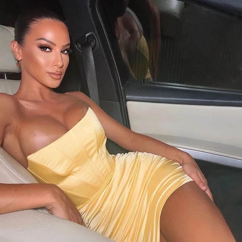 Satin Strapless Ruched Dress For Summer