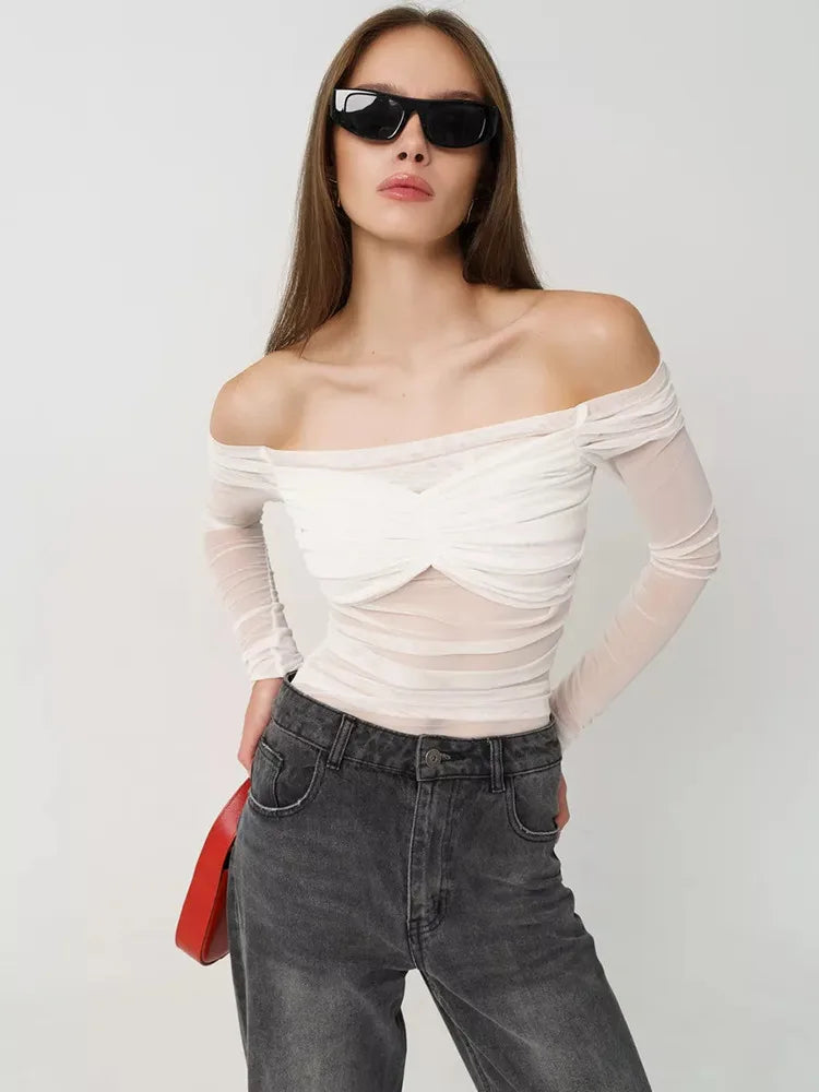 Summer Mesh Off-shoulder T-shirt Pleated Bust