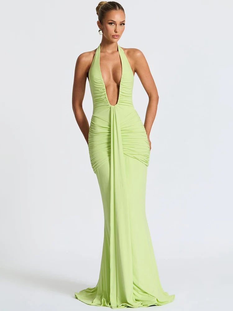 Deep V Neck Backless Ruched Maxi