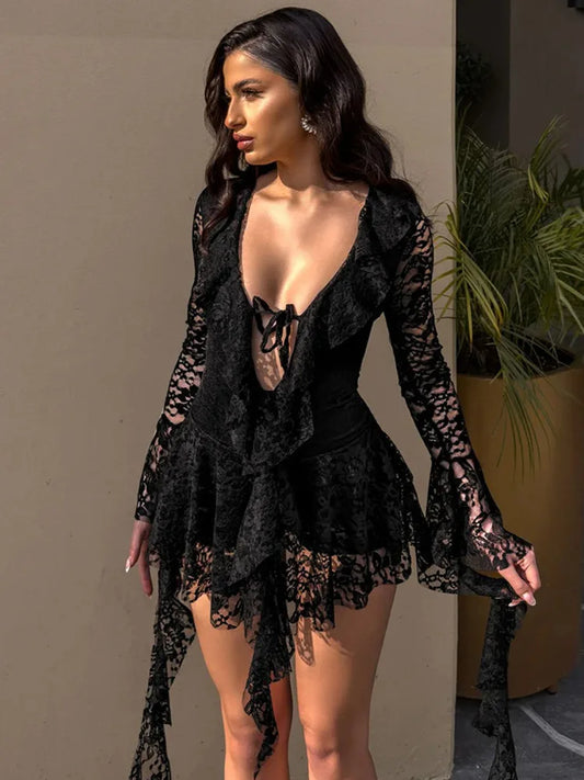 Lace Ruffled Mini Dress For Robe