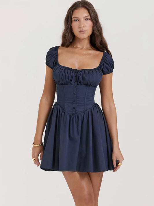 Square Collar Pleated Mini Dress For