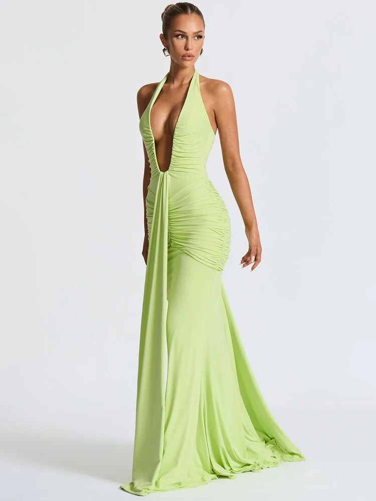 Deep V Neck Backless Ruched Maxi