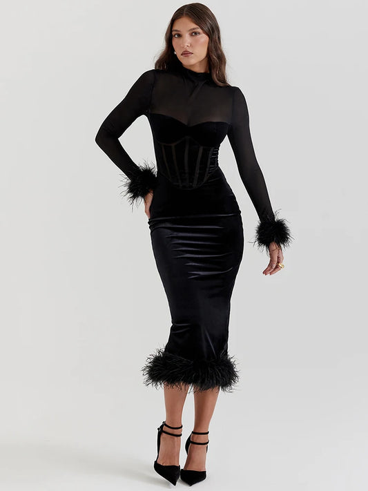 Feather Midi Dress For Black Sheer