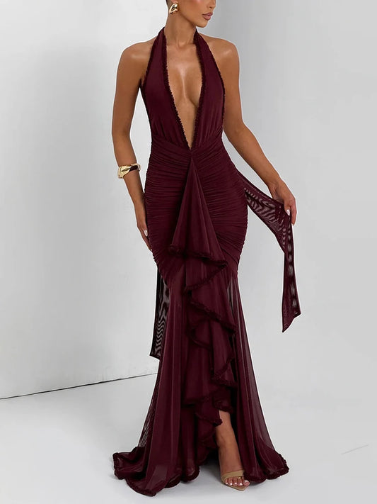 Halter Deep V Neck Maxi Dress