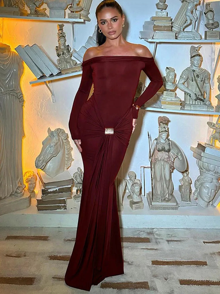 Off-shoulder Long Sleeve Maxi Dress For