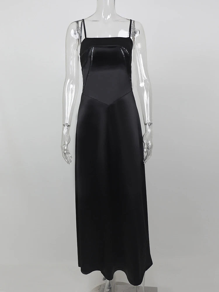 Lace-up Satin Maxi Slipdress Black Spaghetti