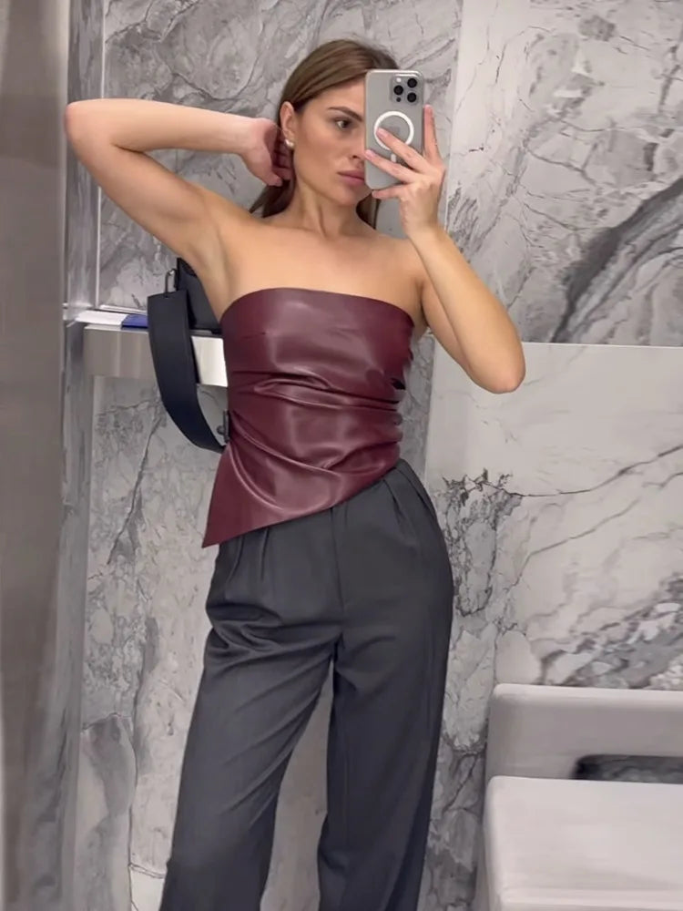 Off-shoulder Strapless PU Leather Zipper Backless