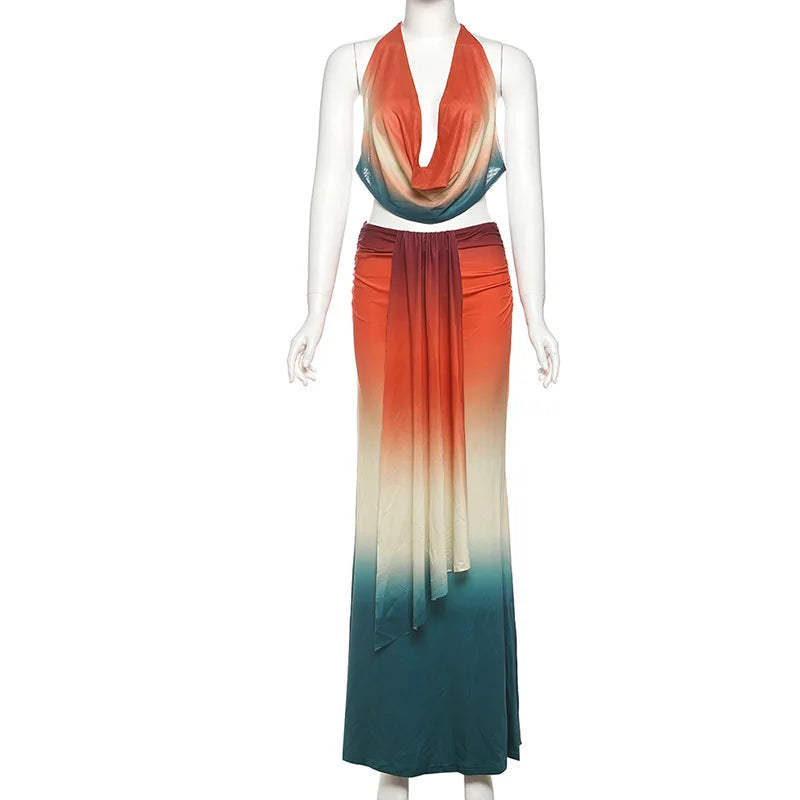 Print Mesh Halter Skirt 2 Pieces