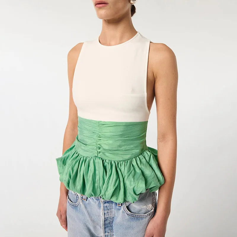 Sleeveless Ruffle Top Pullover Vest Patchwork