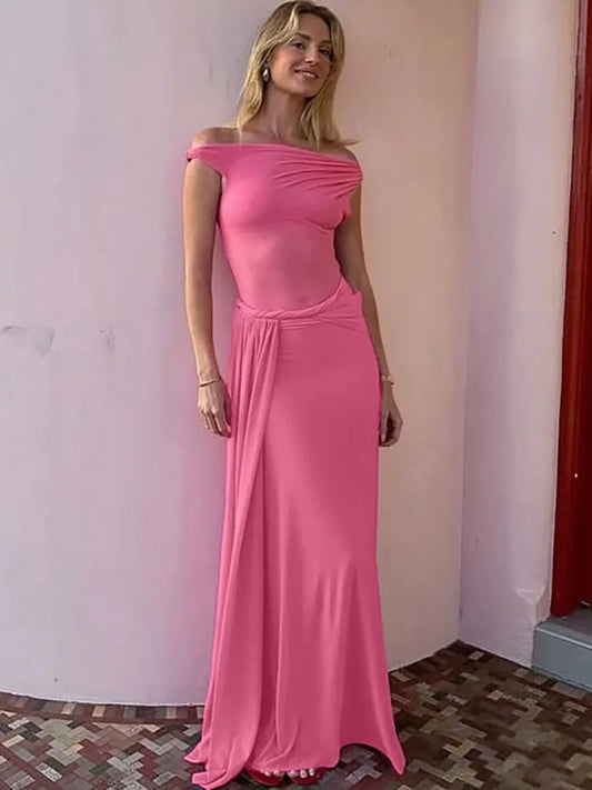 Inclined Shoulder Backless Maxi Dress Gown