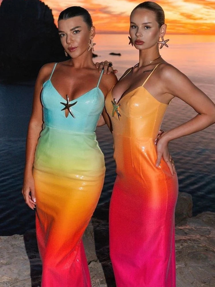 Sequins Spaghetti Strap Gradient Maxi Dress