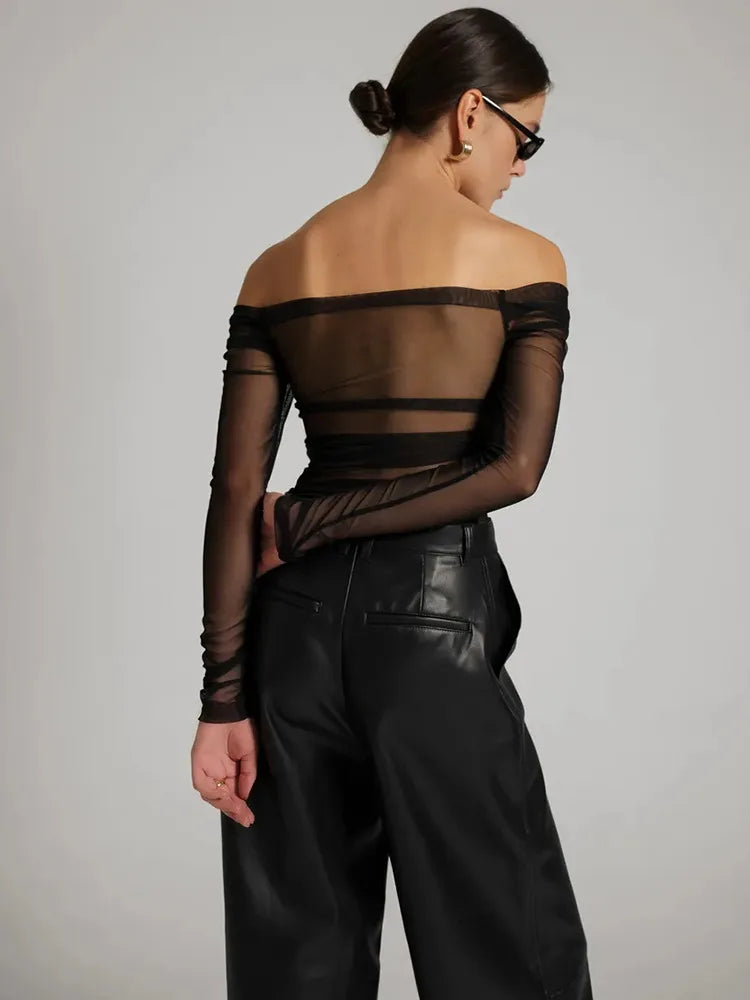 Summer Mesh Off-shoulder T-shirt Pleated Bust