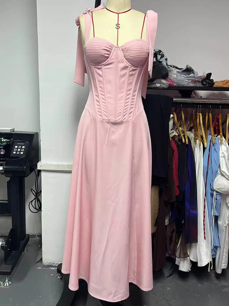 Pink Chiffon Tie Strap Midi Dress