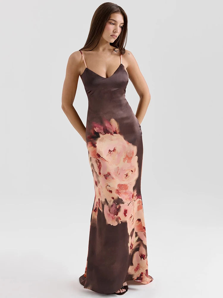 Satin Floral Print Maxi Dress Gown