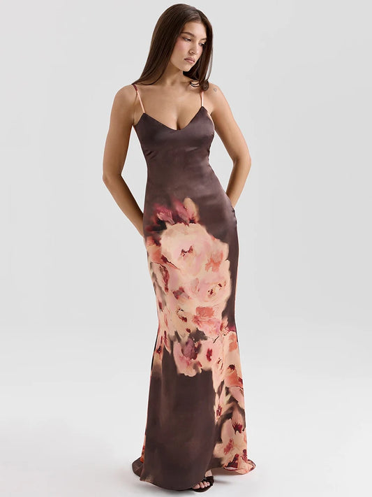 Satin Floral Print Maxi Dress Gown