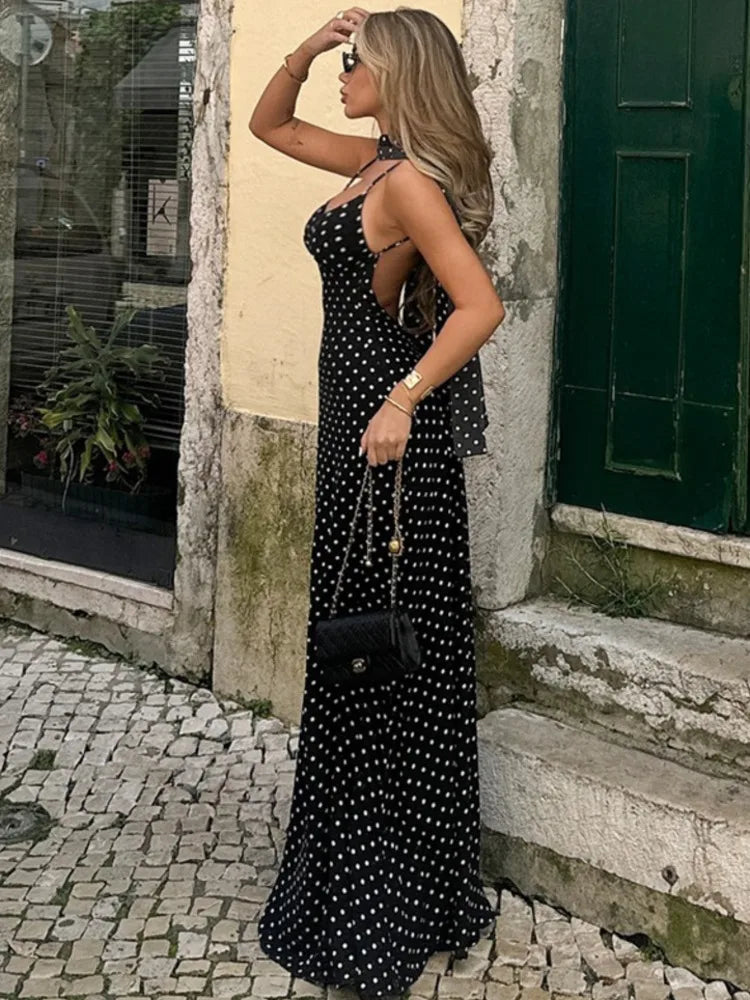Polka Dot Halter Maxi Dress Spaghetti