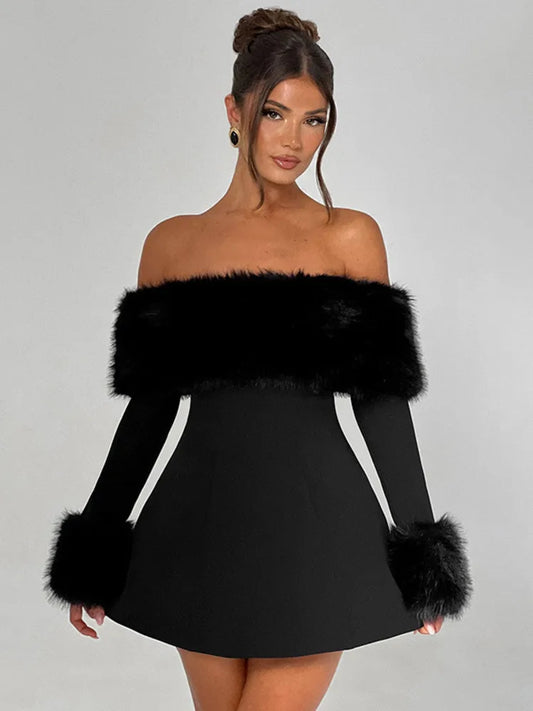 Feather Strapless Long Sleeve Mini Dress