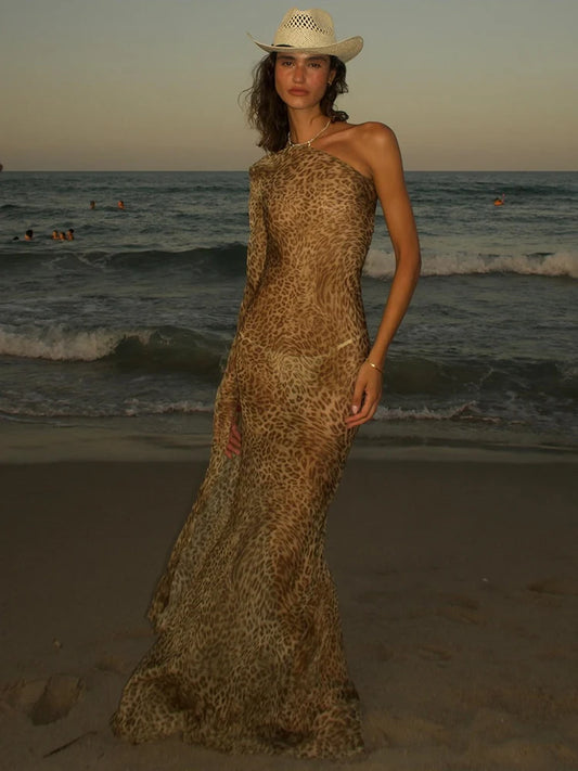One Shoulder Leopard Print Maxi Dress