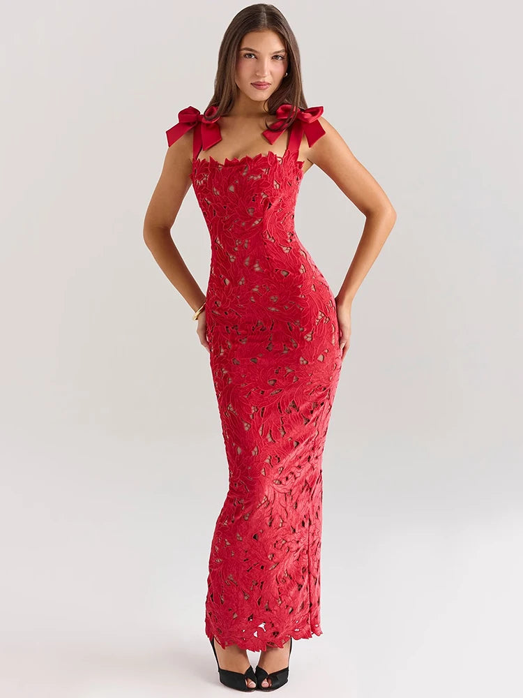 Bows Lace Maxi Dress For Sleeveless
