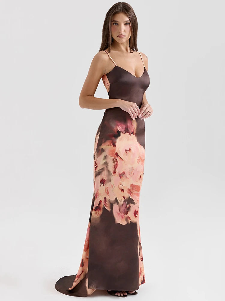 Satin Floral Print Maxi Dress Gown