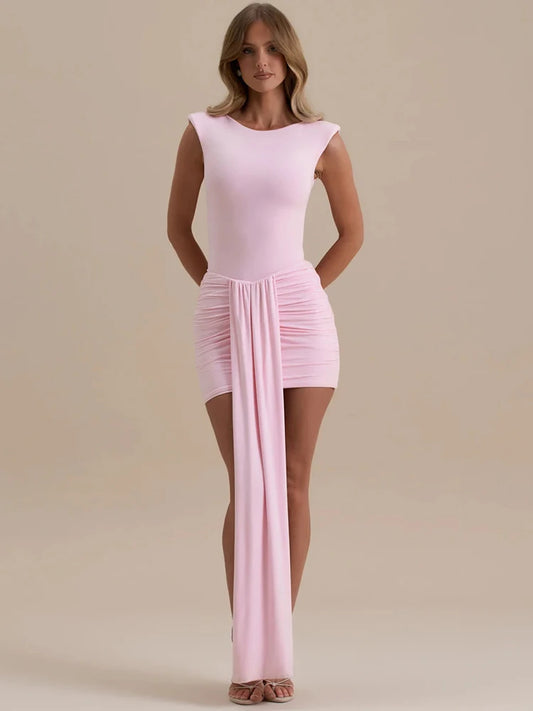 Sleeveless Draped Ruched Dress Pink Patchwork