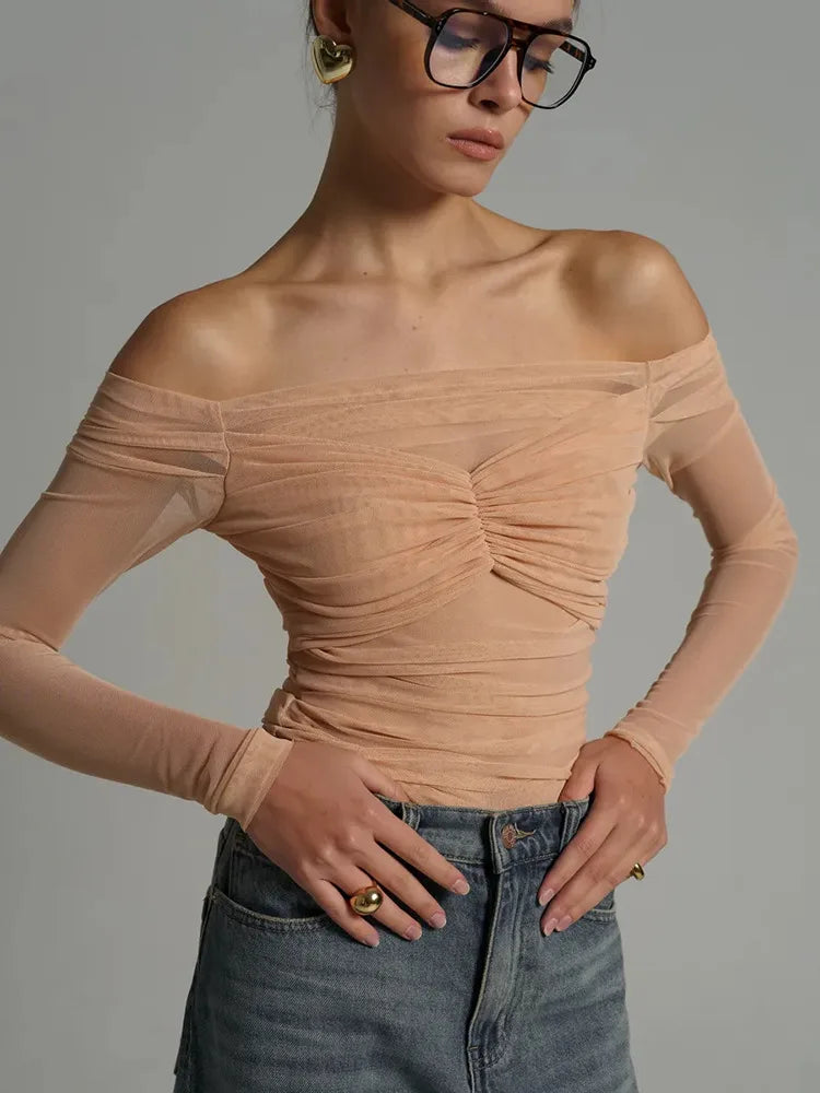 Summer Mesh Off-shoulder T-shirt Pleated Bust
