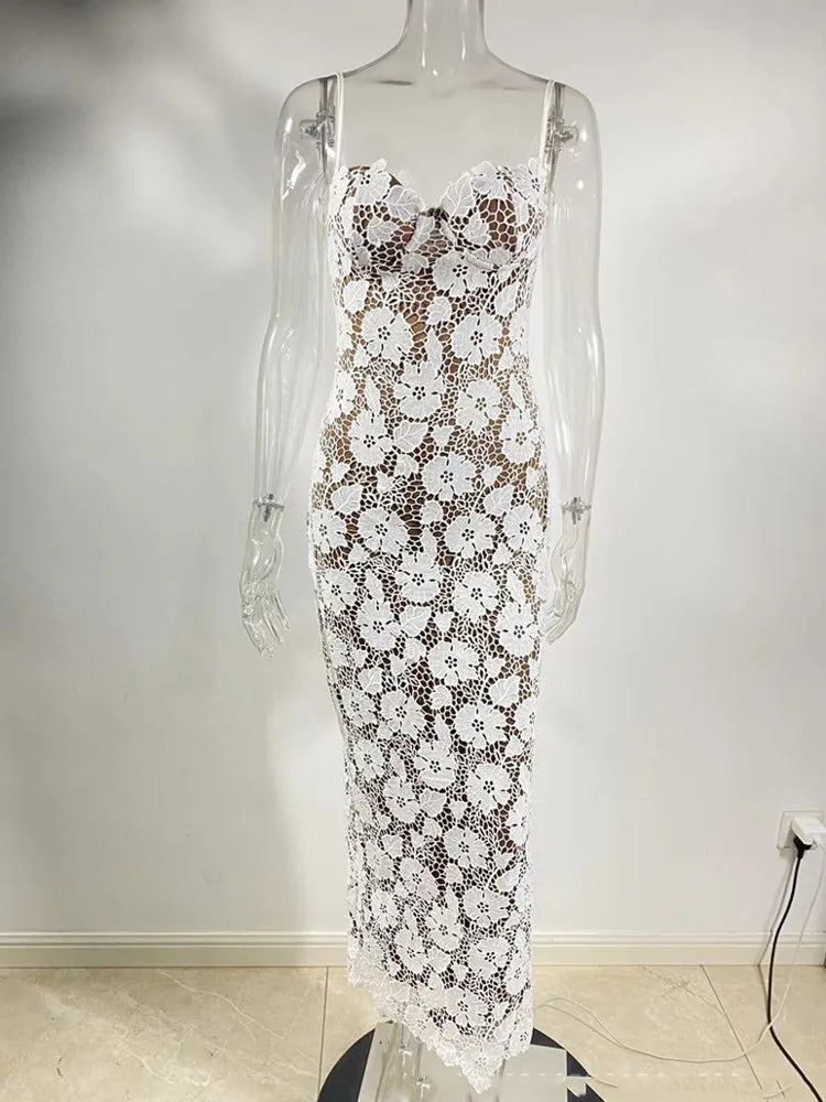 Floral Embroidery Maxi Dress For Spaghetti