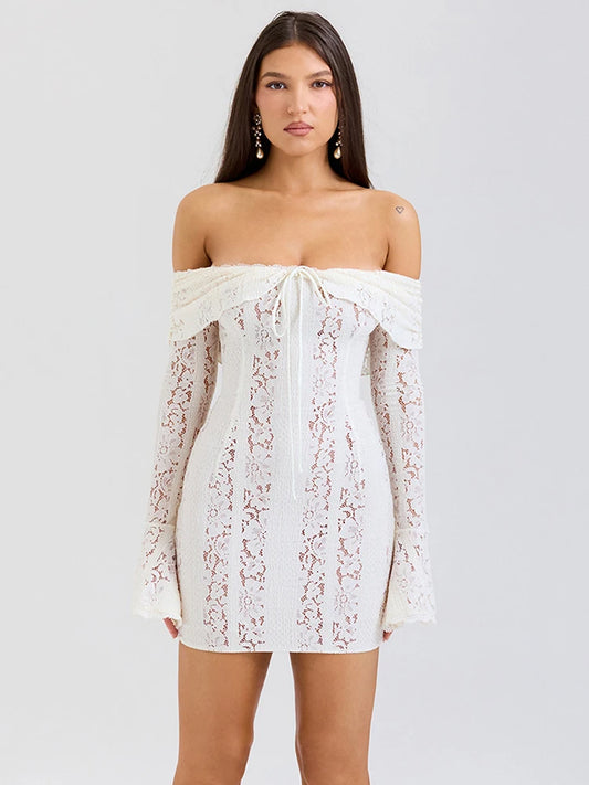 Off-shoulder Lace Mini Dress For White
