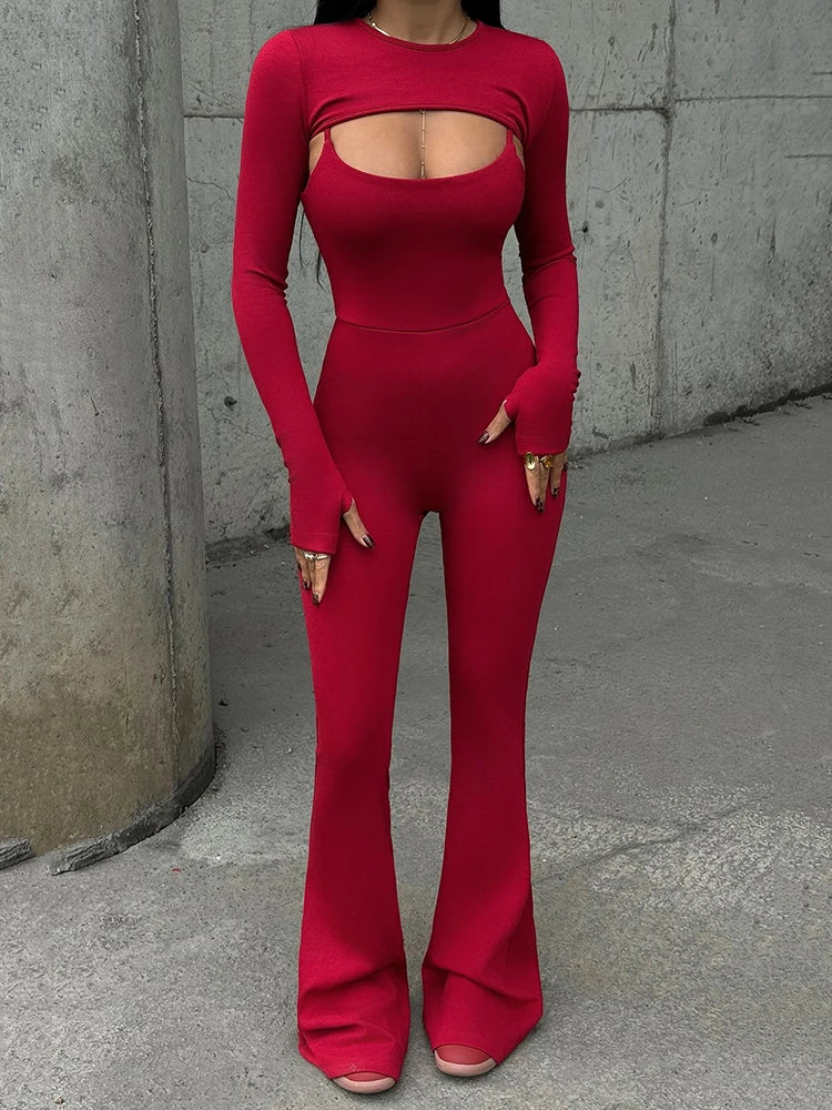 Hollow Out Jumpsuits Sets Long Sleeve