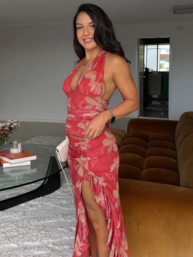 Halter Deep V Neck Ruffled Maxi
