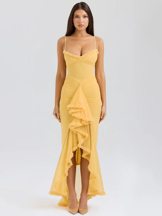 Ruffled Draped Ruched Maxi Dress For