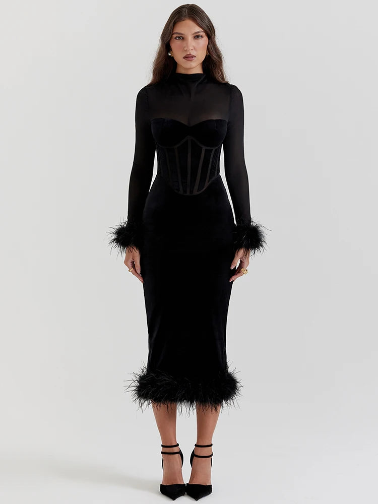 Feather Midi Dress For Black Sheer