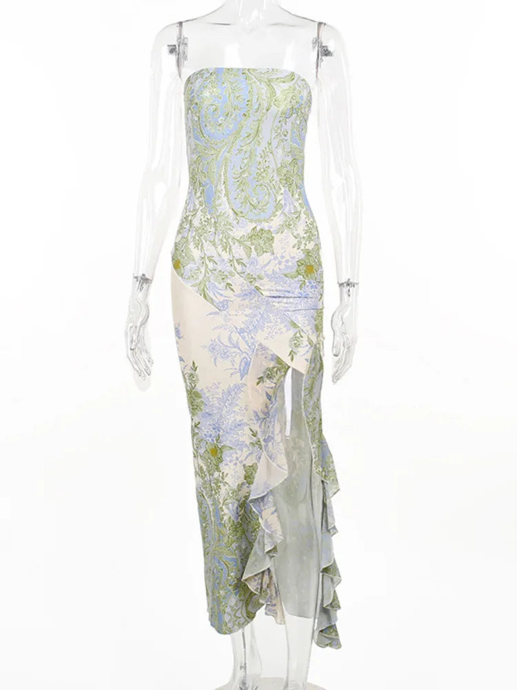 Strapless Backless Mesh Split Maxi Dress