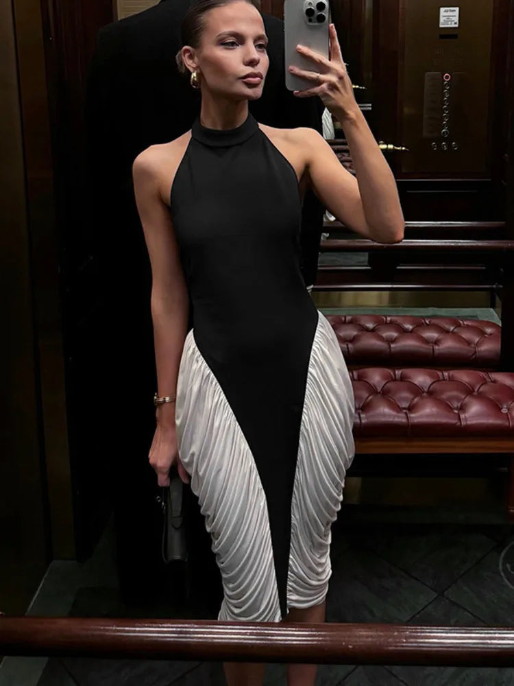 Patchwork Halter Backless Midi Dress Gown