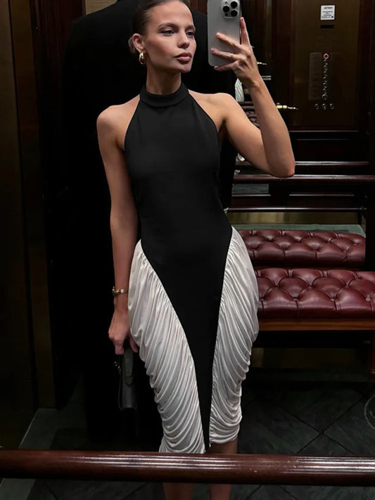 Patchwork Halter Backless Midi Dress Gown
