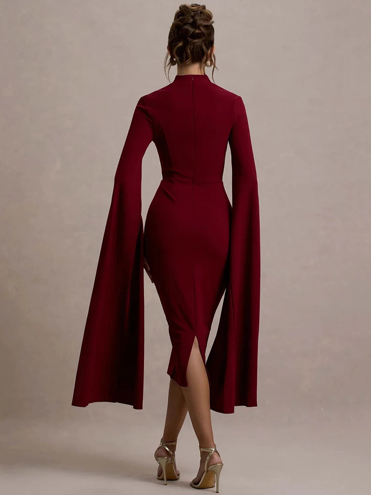 Cape Long Sleeve Midi Dress For