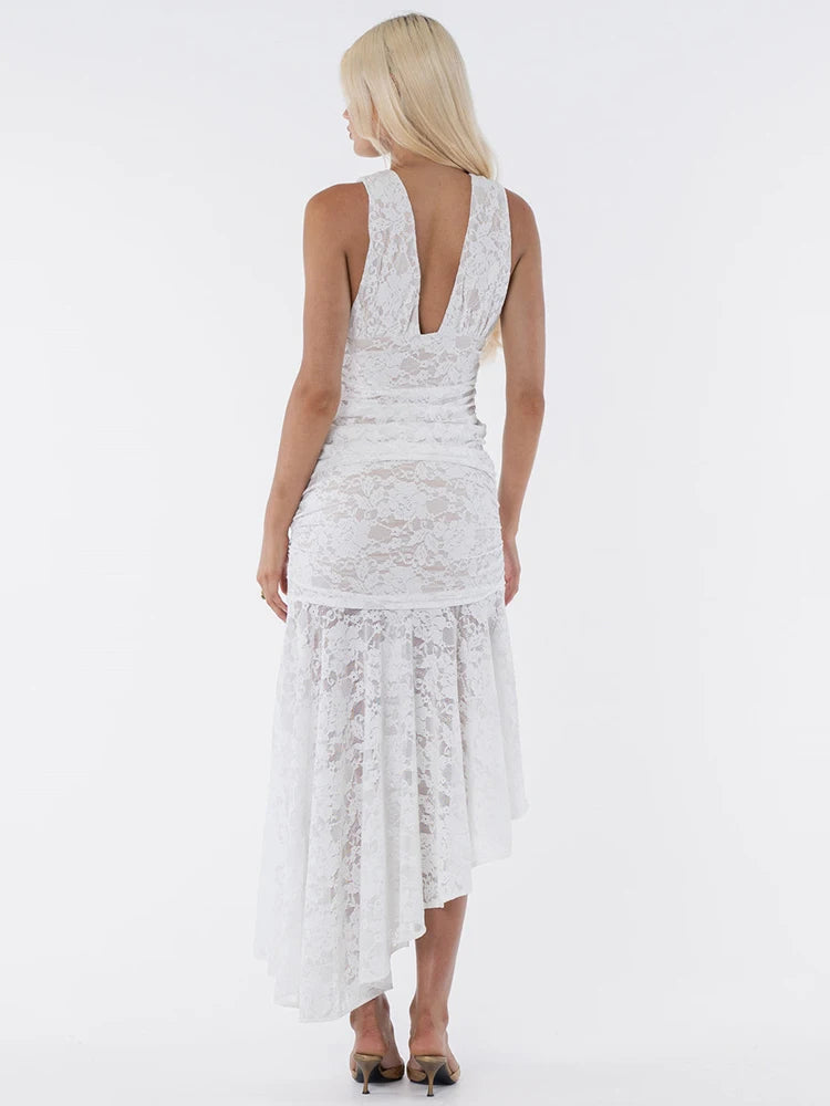 Lace Ruched Maxi Dress Gown White