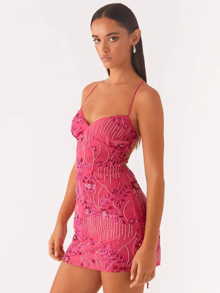 Sequins Backless Mini Dress Spaghetti Strap