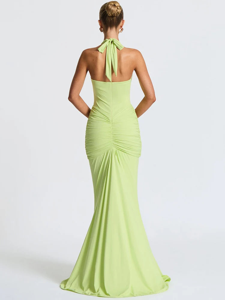 Deep V Neck Backless Ruched Maxi