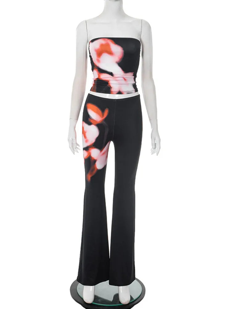 Print Long Pants Sets Off-shoulder Strapless