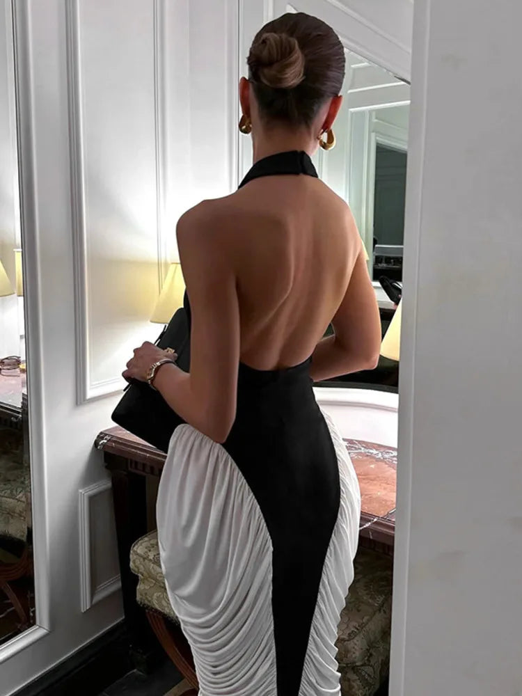 Patchwork Halter Backless Midi Dress Gown